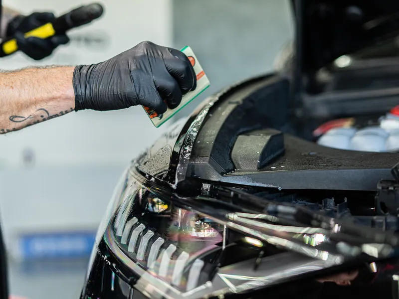 Aplikace PPF fólie v okolí předního světlometu Audi