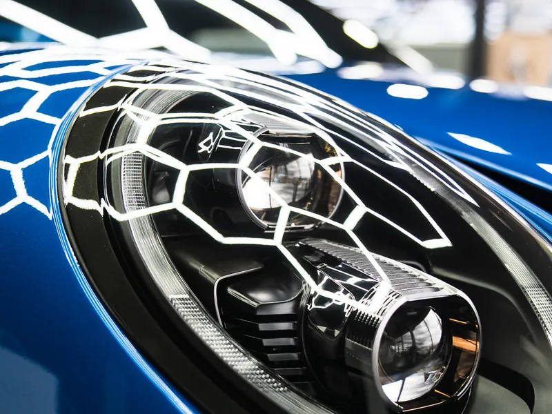 Detail předního světlometu a blatníku Porsche 911 GT3 s PPF fólií